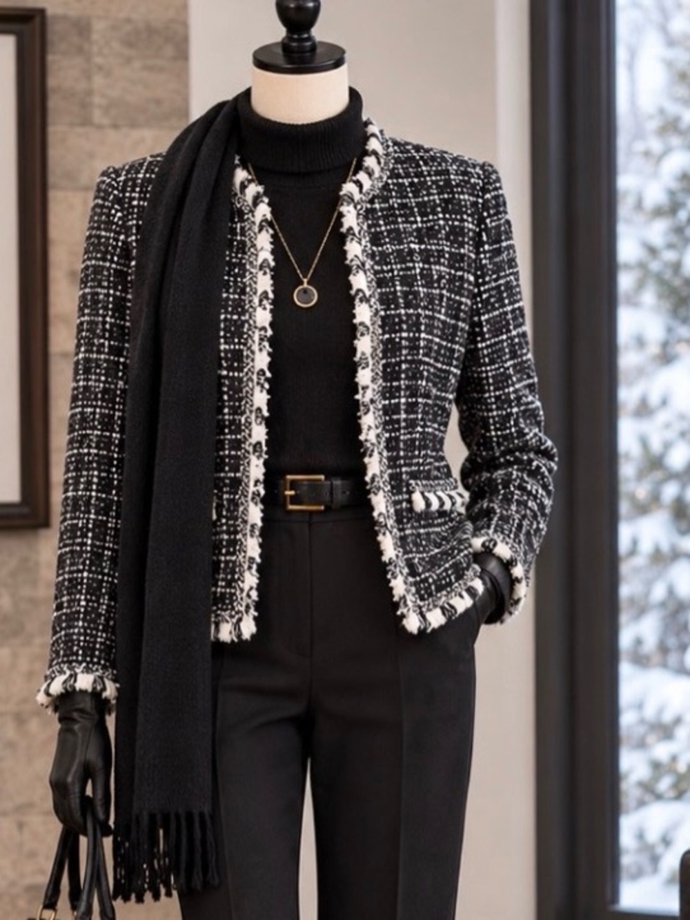 Valerie Stevens Black White Tweed Cropped Jacket Blazer Size 8